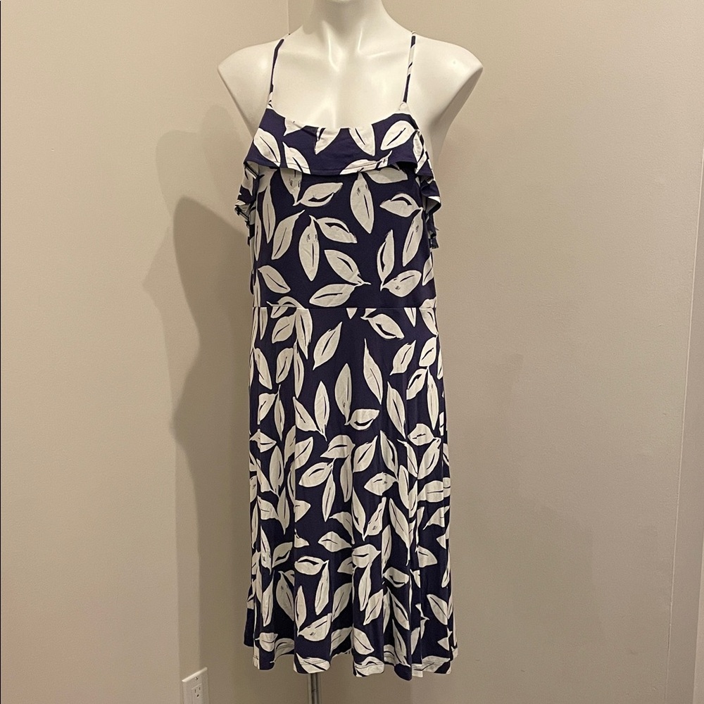 LOFT Navy Dress with White Leaf Print and Ruffle Bodice